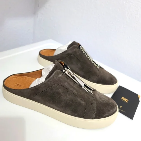 FRYE Lena Zip Up Mules Slip-On Sneakers in Grigio Gray Suede Color - Picture 2 of 10